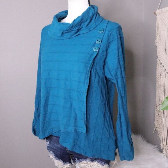 Habitat Tops - Habitat Womens S Teal Cowl Neck Tunic Top Asymmetrical Button Cotton